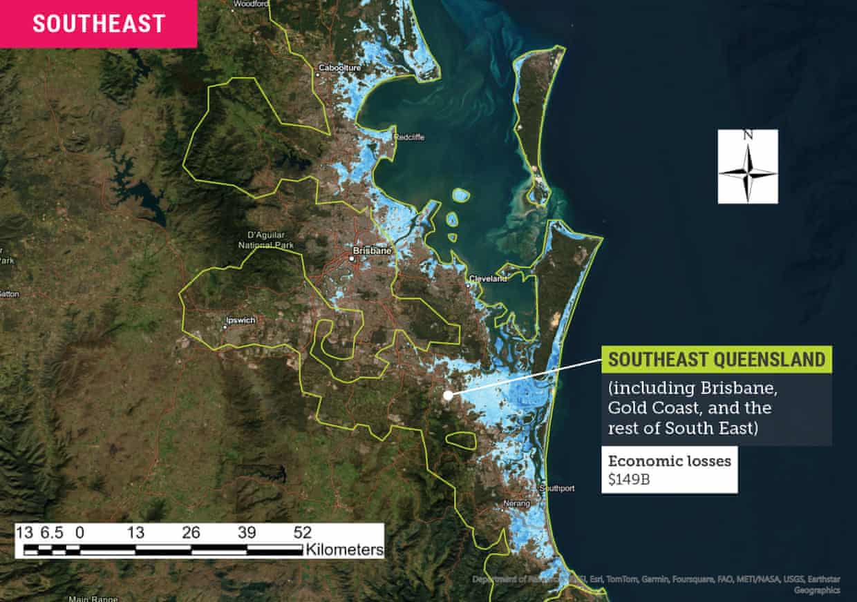 Map showing risk to coastal areas in south-east Queensland and projected economic damage