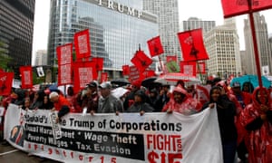 Protesters call for an increase in minimum wage during a
        March on McDonald’s in Chicago, Illinois Tuesday.