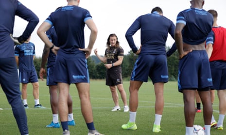 Wycombe’s manager, Gareth Ainsworth, addresses his players at the training ground.