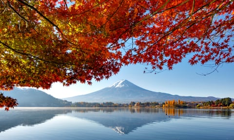 Fuji Mountain Reflection and Red Maple Trees at Kawaguchiko Lake in Autumn