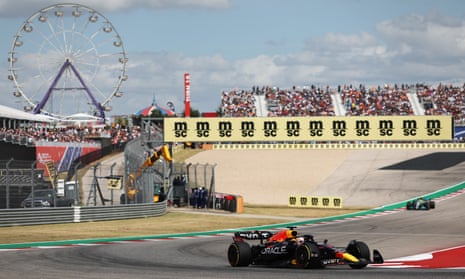 Max Verstappen leads Lewis Hamilton on the festive Circuit of The Americas in Austin, Texas.