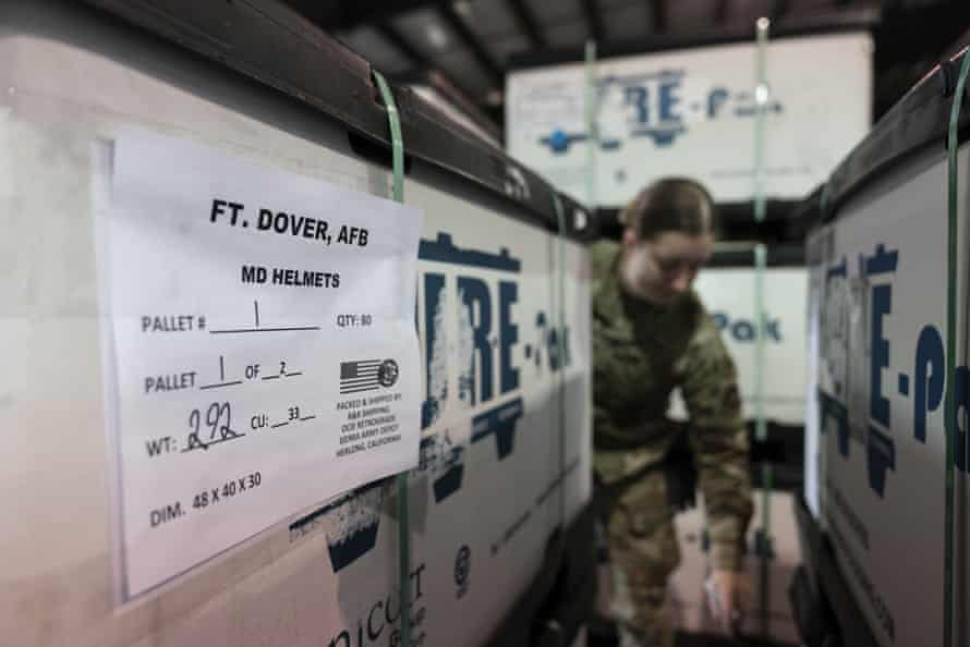 Russia-Ukraine war: US damns Putin’s ‘cruelty and depravity’; Zelenskiy questions lack of powerful response to ‘humiliation’ of UN in Kyiv – live | Ukraine 3 US Air Force Airwoman Megan Konsmo, from Tacoma, Washington, checks pallets of helmets bound for Ukraine in the Super Port of the 436th Aerial Port Squadron on Friday.