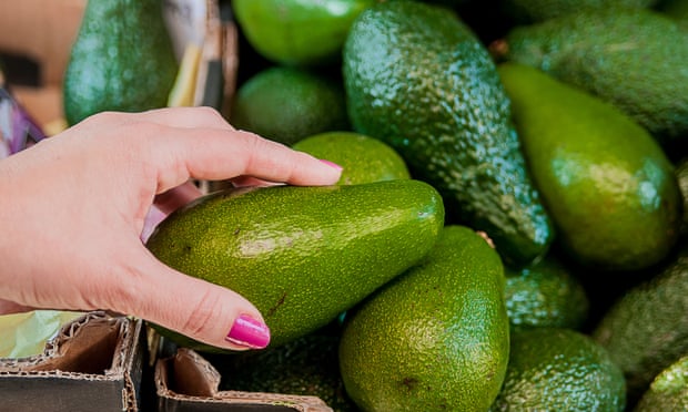a shopper squeezes avocados