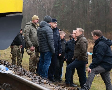 Donald Tusk visiting the site of suspected sabotage in Mika (Garwolin County).
