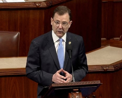 Tom Kean Jr appears in a frame grab from House TV, as he delivers a speech on the floor of the House of Representatives following a months-long absence after he was hospitalized for depression, 30 June 2026.