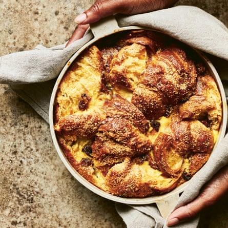 Spiced bread and butter pudding with saffron and dates recipe by Benjamina Ebuehi.