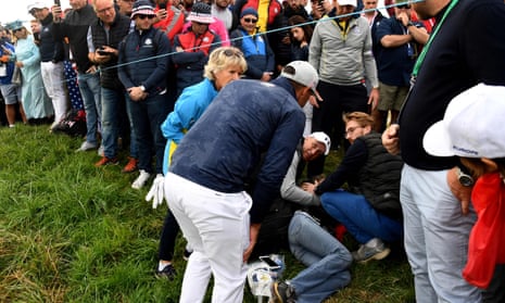 Brooks Koepka apologises after his tee shot drifted off course and hit a spectator.