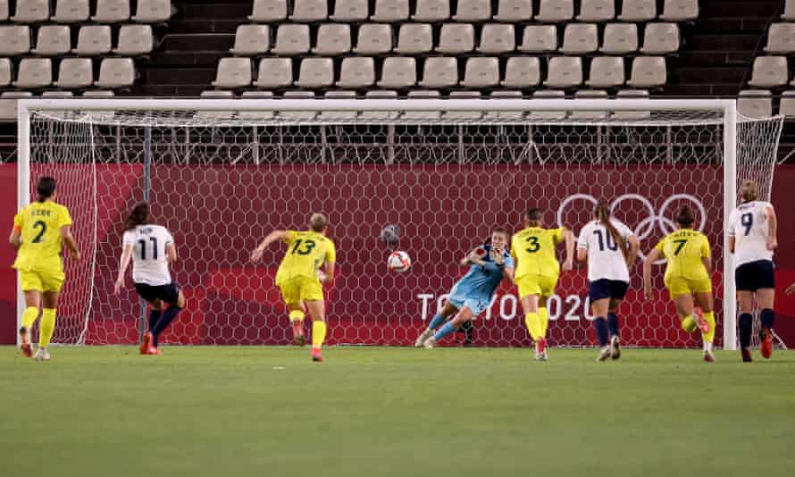 Teagan Micah dives to save Caroline Weir’s penalty with the scores level.