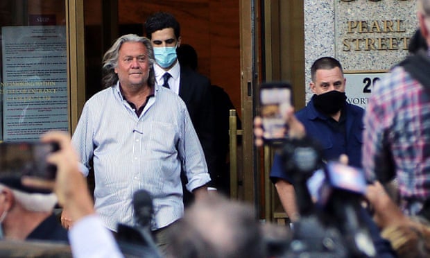 Steve Bannon emerges from the US federal courthouses in Lower Manhattan after pleading not guilty to fraud this week.