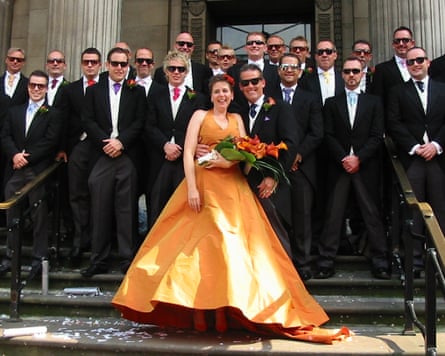Hanneke wearing her orange wedding dress