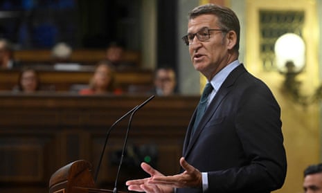 Partido Popular (People’s Party) leader and candidate for prime minister, Alberto Nunez Feijoo, delivers a speech at The Congress of Deputies during a second parliamentary vote to elect Spain’s next premier, in Madrid on September 29, 2023. (Photo by JAVIER SORIANO/AFP via Getty Images)