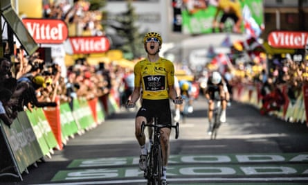 Thomas celebrates a stage win during his overall victory in the 2018 Tour de France.