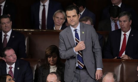 Matt Gaetz stands to vote for Mike Johnson in the House Chamber on 25 October. 