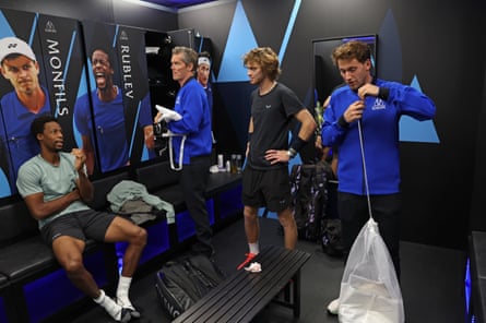 Gaël Monfils, Thomas Enqvist, Andrey Rublev and Casper Ruud of Team Europe talk in the locker room before the Laver Cup in Vancouver in 2023