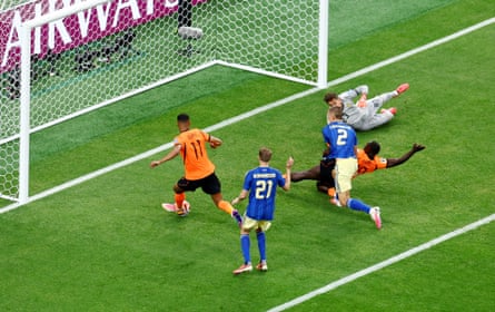 Netherlands’ Cody Gakpo scores the third goal against Sweden.