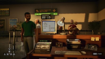 Video game airport check-in desk showing a boarding pass screen, keyboard, and what looks like a cat