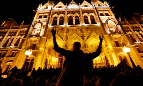 Protest outside the Hungarian parliament in Budapest