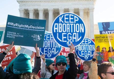 Pro-choice activists supporting legal access to abortion protest outside the supreme court in Washington DC on 4 March.