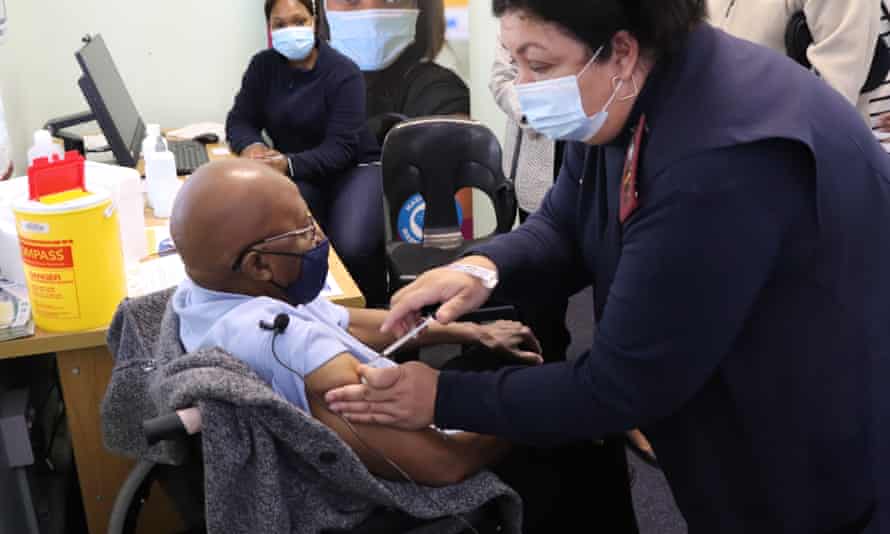 Desmond Tutu receives a Covid vaccine in Cape Town in May