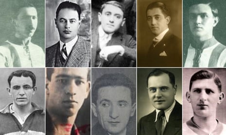 Some of the Jewish footballers murdered during the Holocaust. From left to right, top line first: Imre Taussig, Árpád Weisz, Julius Hirsch, Henrik Nadler, Antal Vágó: Ferenc Weisz, Otto Fischer, Leon Sperling, Józef Klotz,József Braun.