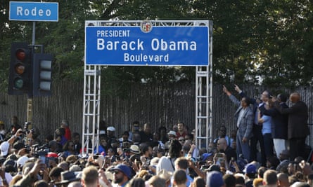 Los Angeles mayor Eric Garcetti and others rename Rodeo Road as Barack Obama Boulevard in May last year.