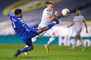 Wesley Fofana stretches out a leg to nullify the threat from Leeds United’s Jack Harrison.