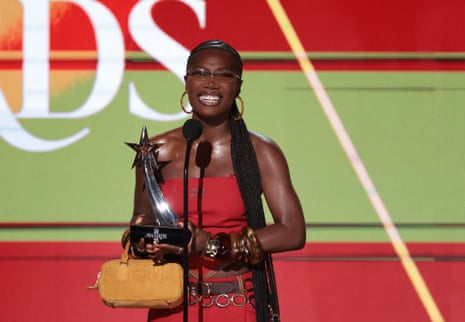 Doechii smiles on stage after winning the Best Female Hip Hop artist at the 25th annual BET (Black Entertainment Television) Awards, in Los Angeles, California, U.S. June 9, 2025.