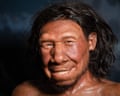 A reconstruction of the face of the oldest Neanderthal found in the Netherlands on display in Leiden