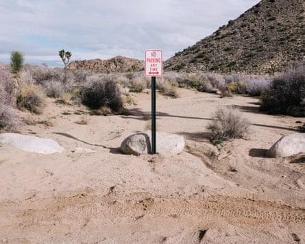 A ‘no parking’ area with recent tire tracks along a trail access road in Joshua Tree.