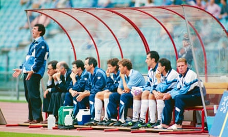 Lazio manager Dino Zoff shouts instructions as Paul Gascoigne sticks out his tongue to the camera.