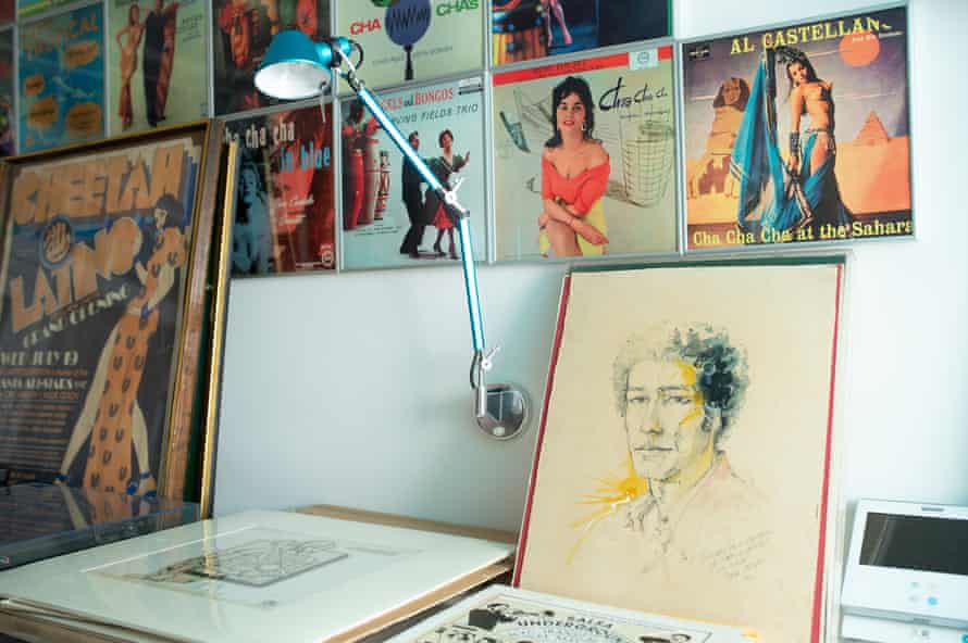 A portrait of graphic designer Izzy Sanabria from the archives, along with some of the many salsa and mambo album covers he has designed.