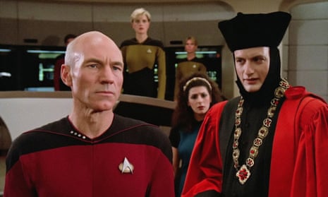 Patrick Stewart, Denise Crosby, Marina Sirtis and John de Lancie in Star Trek: The Next Generation.