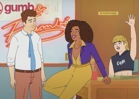 Adam Scott as Lincoln Gumb, Janelle James as Sheila Flambe and Shannon Gisela as Irene Gumb in Strip Law.