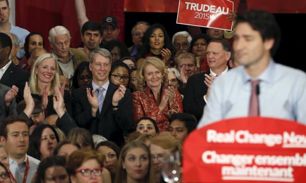 Newly elected Ottawa area Liberal members of parliament, left to right, Catherine McKenna, Andrew Leslie, Karen McCrimmon, and David McGuinty listen to Liberal leader and Canada’s prime minister-designate Justin Trudeau.