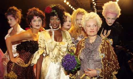 Helena Christensen, Naomi Campbell, Vivienne Westwood and models at a Vivienne Westwood show during Paris fashion week in the 1990s.