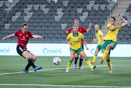 Elisabeth Terland scores the only goal of the game as Hammarby lose to Manchester United in the Champions League qualifying rounds in August.