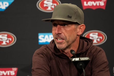 San Francisco 49ers head coach Kyle Shanahan speaks to members of the media on Tuesday.