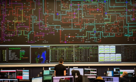 The National Grid control centre with a large display of the network in graphic form