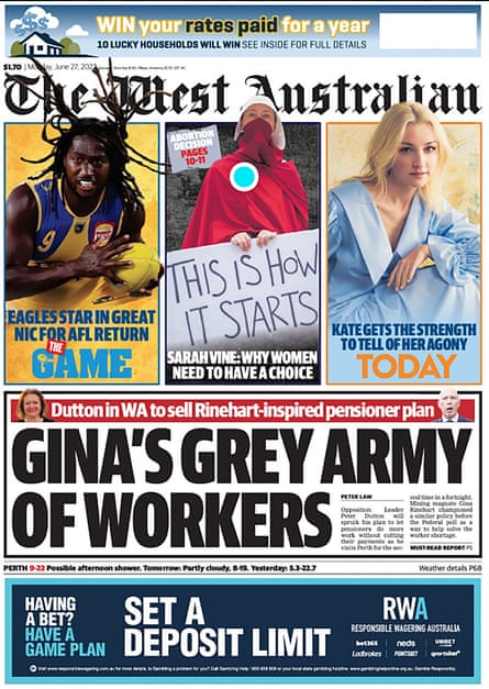 A newspaper with the headline ‘Gina’s grey army of workers’