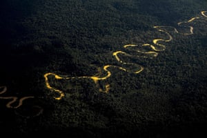 Yanomami indigenous territory, Brazil: An aerial view of the Mucajai river. Cases of malnutrition and malaria in the region have increased dramatically in recent weeks, prompting the government to declare a health emergency