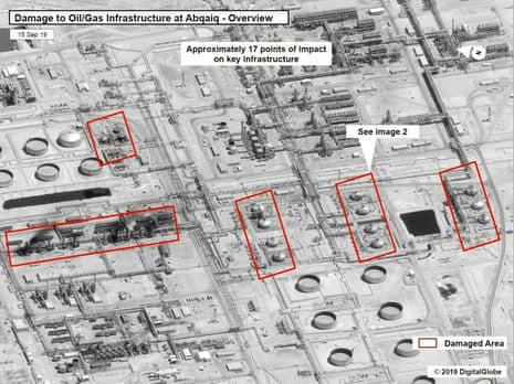 A satellite image showing damage to oil/gas infrastructure from weekend drone attacks at Abqaiq.