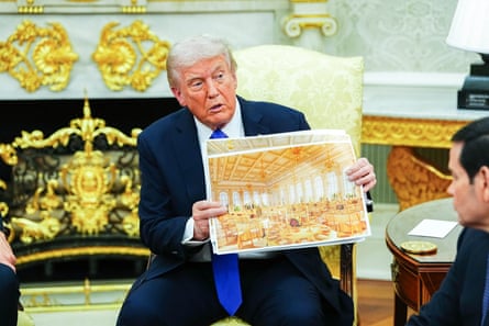 Trump shows an interior rendering of the new White House ballroom as he meets Mark Rutte in the Oval Office