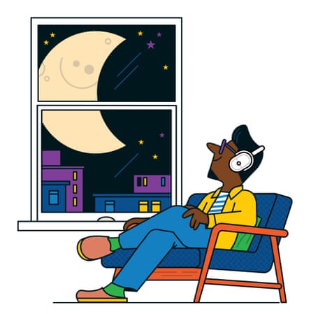 Ilustración de un hombre mirando la luna desde la ventana