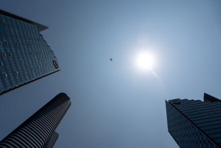 A drone takes off from a rooftop of a shopping mall on 03 April 2025 in Shenzhen, China.