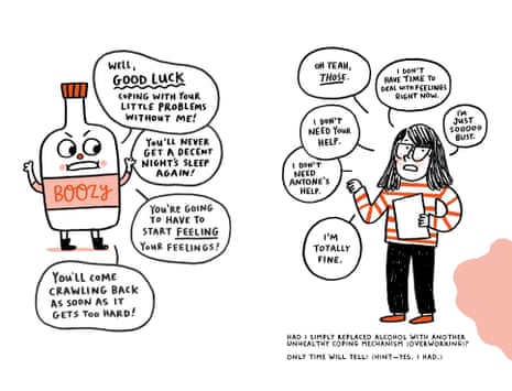 An illustration of a character called ‘Boozy’ with speech bubbles howing its hold over the woman, who is shown with speech bubbles saying ie ‘I’m totally fine’
