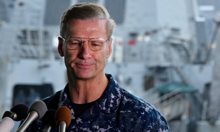 Vice Admiral Joseph Aucoin, Commander of the US 7th Fleet during a press conference at Yokosuka Naval Base in Yokosuka, south of Tokyo, Japan.