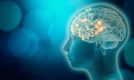 PCB brain with 3d render human head profile.