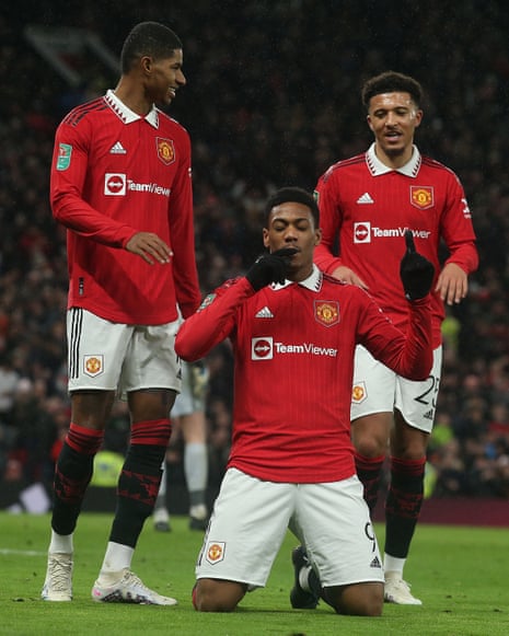 Anthony Martial of Manchester United celebrates scoring their first goal during the Carabao Cup Semi Final 2nd Leg match between Manchester United and Nottingham Forest.