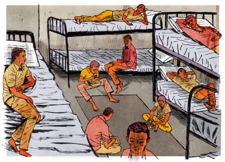 Illustration of a room with multiple bunkbeds and workers relaxing