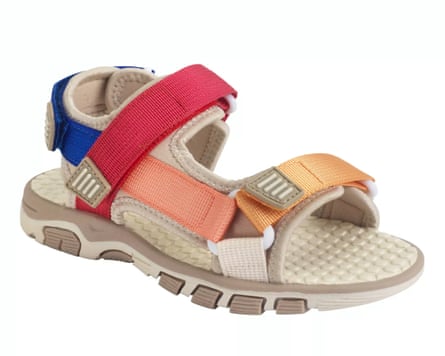 A Trekker sandal from Start Rite. The base is taupe with colourful blue, red pink and yellow straps.